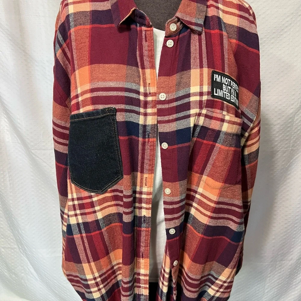 Upcycled Plaid Surf Team Shirt - Red and Orange - Picture 2 of 4
